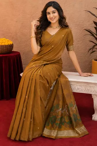 Mustard linen jacuard bird motif work bird saree with unstitched blouse piece