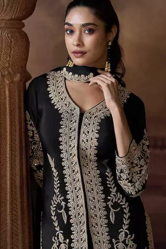 Black embroidered chinon silk readymade salwar kameez