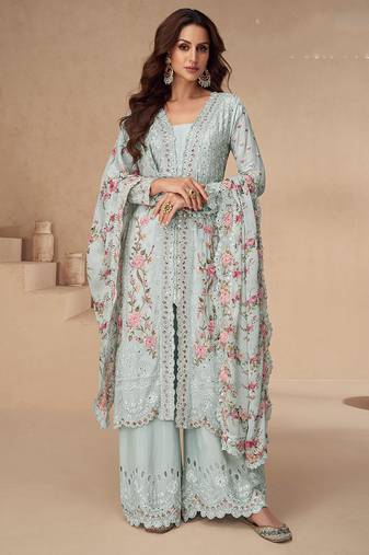 Chinon embroidered sky blue palazzo style readymade suit