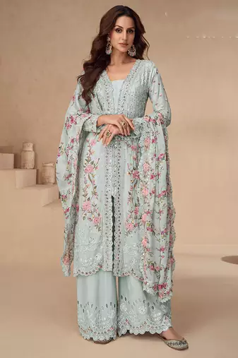 Chinon embroidered sky blue palazzo style readymade suit