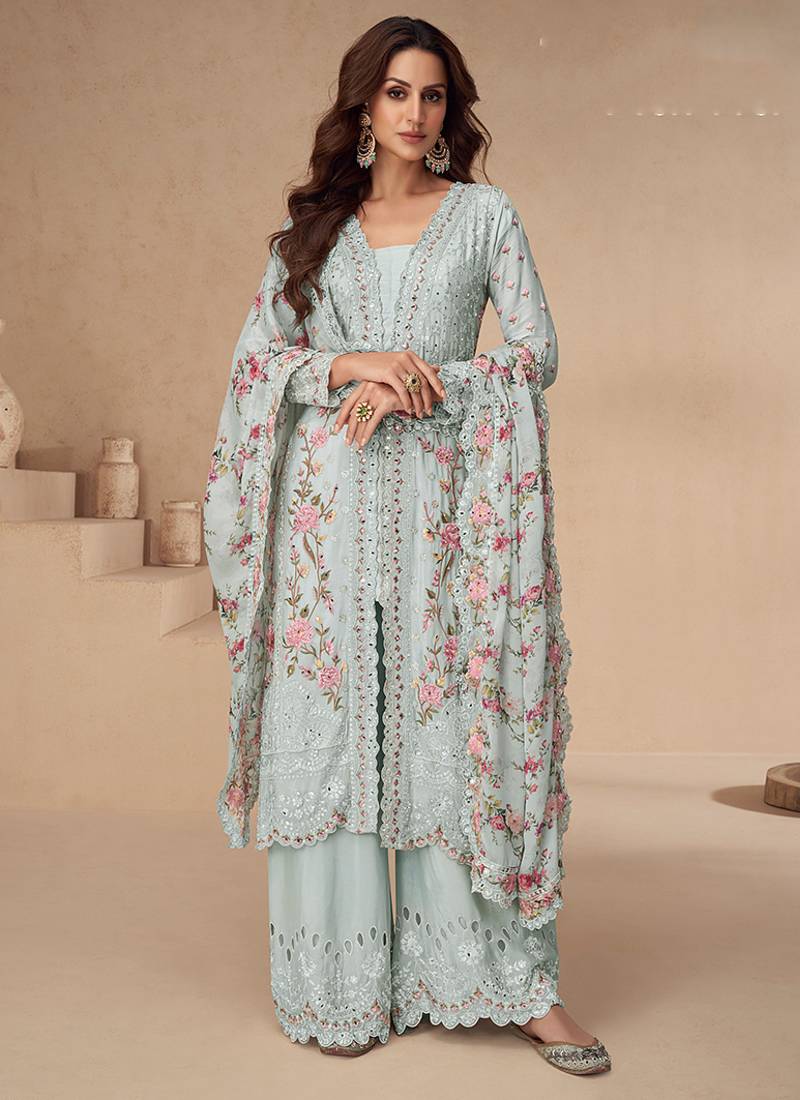 Chinon embroidered sky blue palazzo style readymade suit