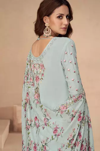 Chinon embroidered sky blue palazzo style readymade suit