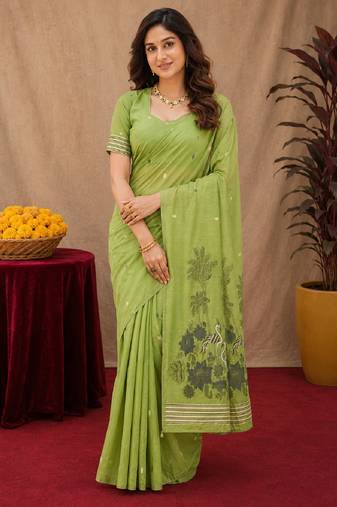 Parrot green linen jacuard bird motif work bird saree with unstitched blouse piece
