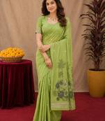 Parrot green linen jacuard bird motif work bird saree with unstitched blouse piece