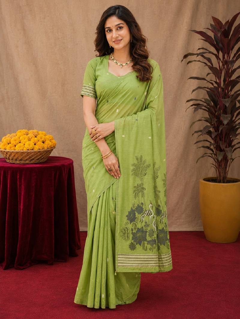 Parrot green linen jacuard bird motif work bird saree with unstitched blouse piece