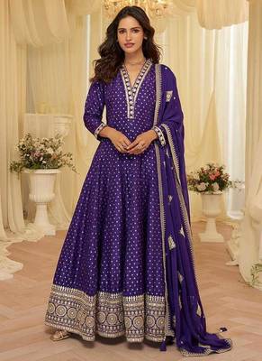 Purple viscose jacquard silk with embroidery readymade anarkali suit 1