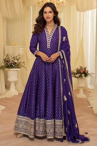 Purple viscose jacquard silk with embroidery readymade anarkali suit