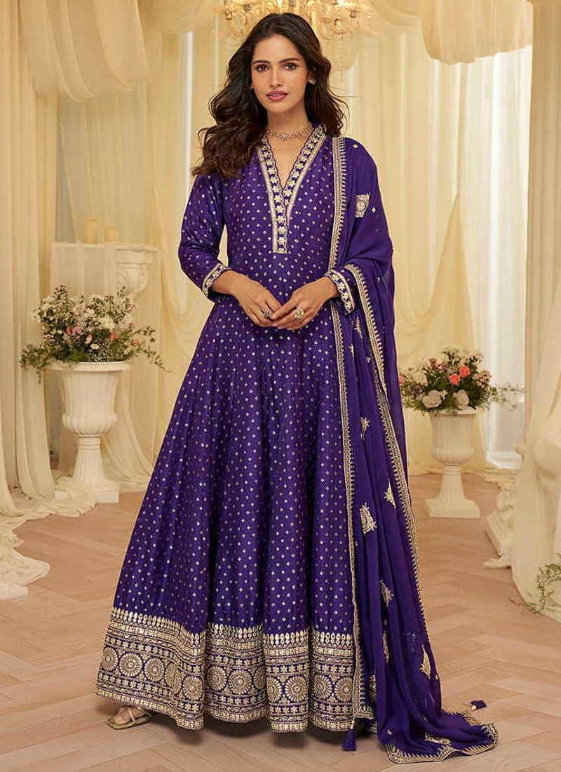 Purple viscose jacquard silk with embroidery readymade anarkali suit