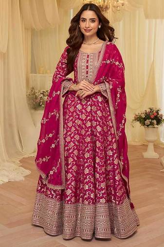 Rani pink viscose jacquard silk with embroidery readymade anarkali suit
