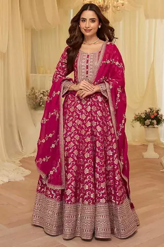 Rani pink viscose jacquard silk with embroidery readymade anarkali suit