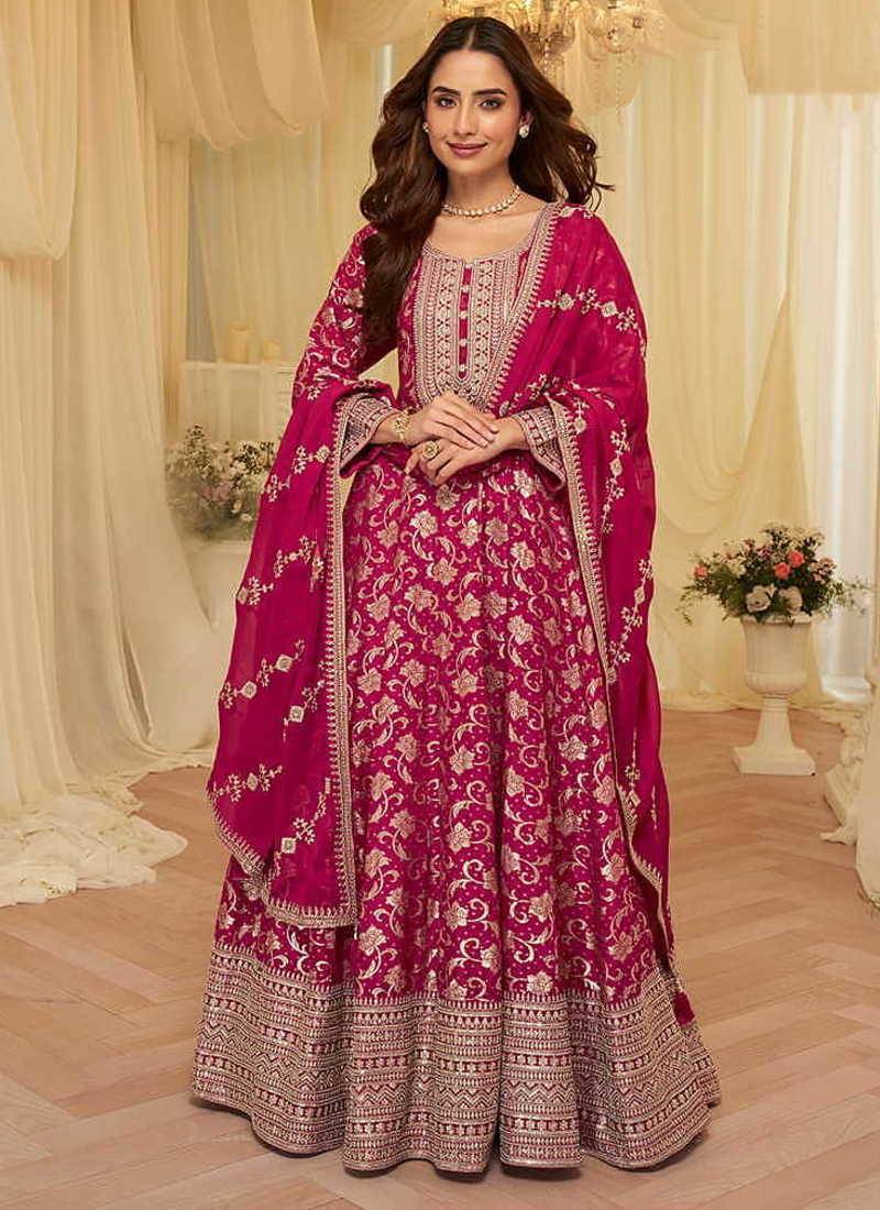 Rani pink viscose jacquard silk with embroidery readymade anarkali suit