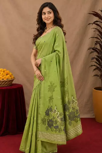 Parrot green linen jacuard bird motif work bird saree with unstitched blouse piece