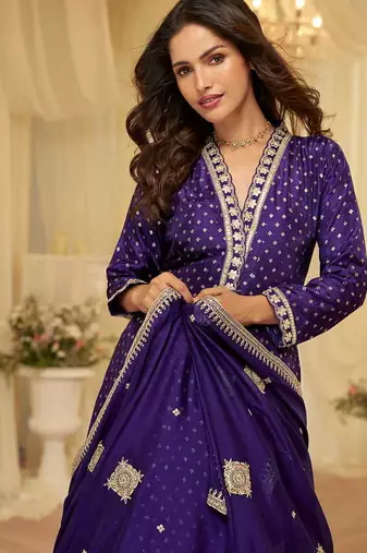 Purple viscose jacquard silk with embroidery readymade anarkali suit
