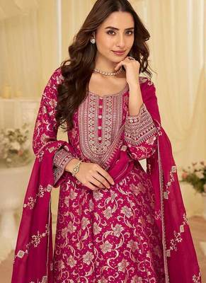 Rani pink viscose jacquard silk with embroidery readymade anarkali suit 2