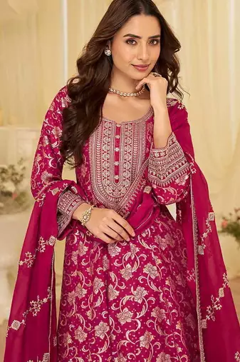 Rani pink viscose jacquard silk with embroidery readymade anarkali suit