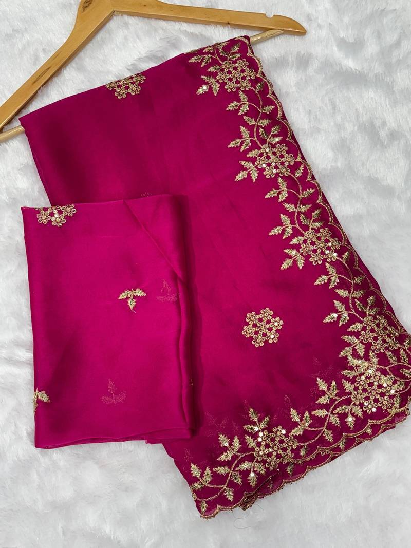 Pink multicolor sequece embroidery work rangoli saree with blouse
