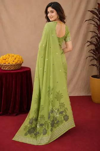 Parrot green linen jacuard bird motif work bird saree with unstitched blouse piece