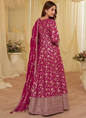 Rani pink viscose jacquard silk with embroidery readymade anarkali suit 3