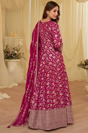 Rani pink viscose jacquard silk with embroidery readymade anarkali suit