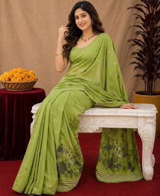 Parrot green linen jacuard bird motif work bird saree with unstitched blouse piece 4