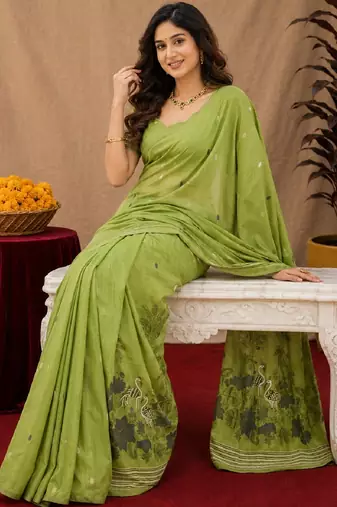 Parrot green linen jacuard bird motif work bird saree with unstitched blouse piece
