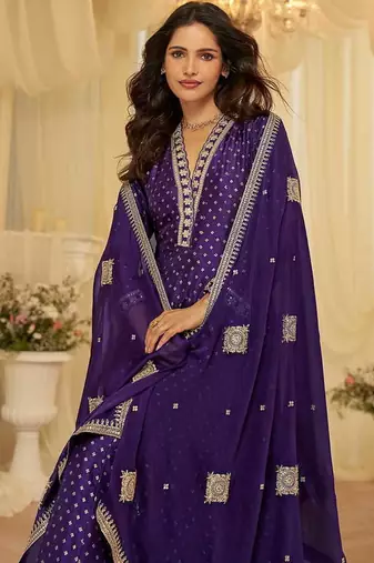 Purple viscose jacquard silk with embroidery readymade anarkali suit