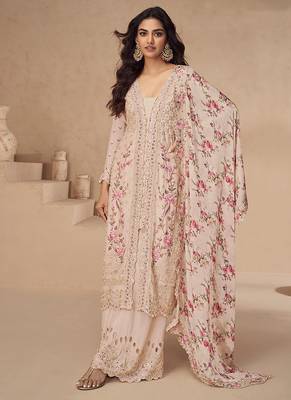 Chinon embroidered beige palazzo style readymade suit 1