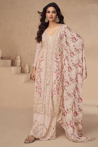 Chinon embroidered beige palazzo style readymade suit