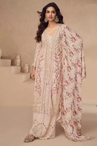 Chinon embroidered beige palazzo style readymade suit