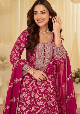 Rani pink viscose jacquard silk with embroidery readymade anarkali suit 4
