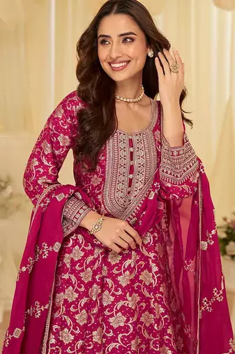Rani pink viscose jacquard silk with embroidery readymade anarkali suit