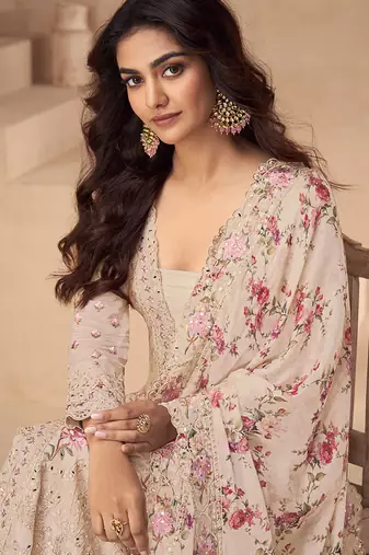 Chinon embroidered beige palazzo style readymade suit