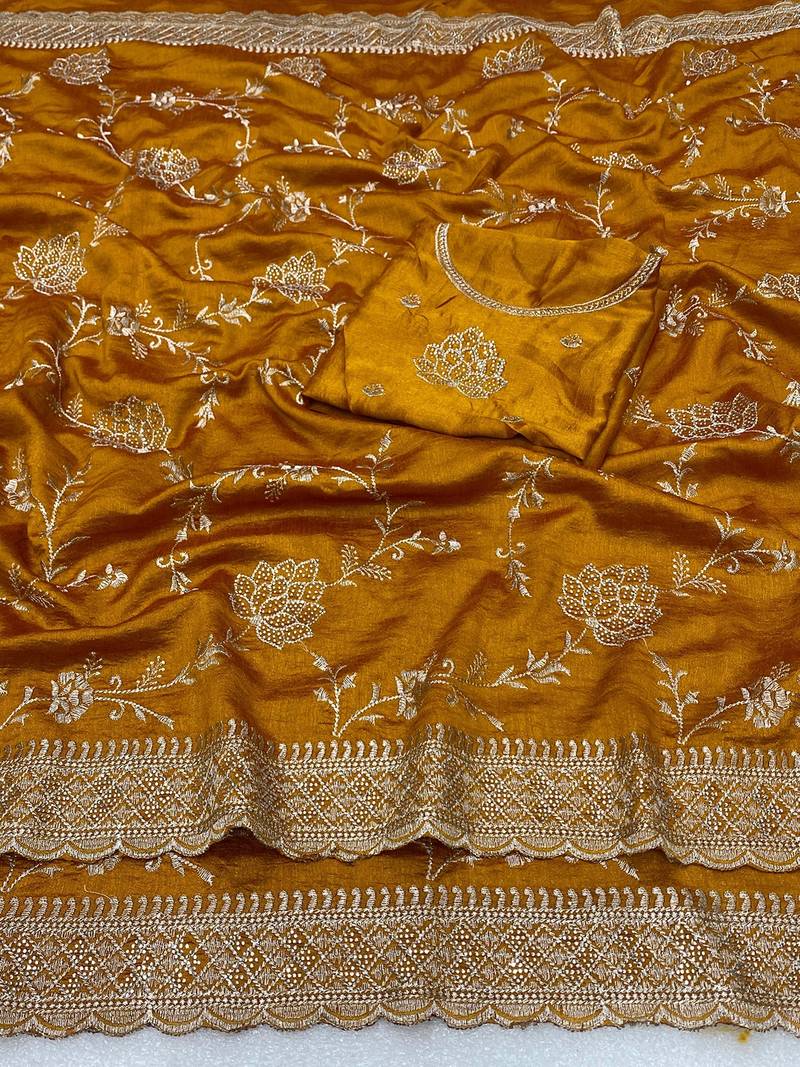 Mustard zari embroidery work vichitra silk blend saree with blouse
