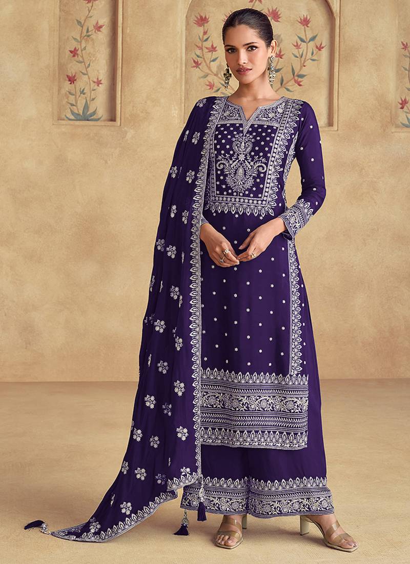Faux georgette embroidered violet readymade salwar kameez