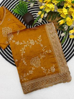 Mustard zari embroidery work vichitra silk blend saree with blouse 2