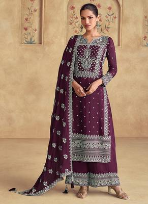 Faux georgette embroidered dark purple readymade salwar kameez 1