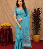 Rama linen jacuard bird motif work bird saree with unstitched blouse piece