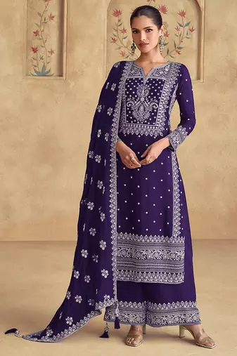 Faux georgette embroidered violet readymade salwar kameez