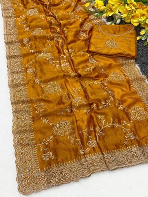 Mustard zari embroidery work vichitra silk blend saree with blouse 3