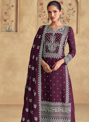 Faux georgette embroidered dark purple readymade salwar kameez 2