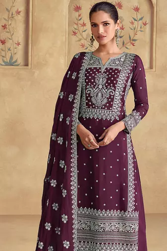Faux georgette embroidered dark purple readymade salwar kameez