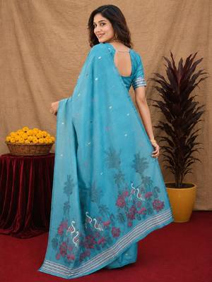 Rama linen jacuard bird motif work bird saree with unstitched blouse piece 3
