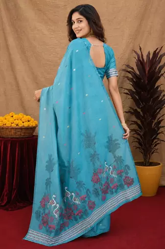 Rama linen jacuard bird motif work bird saree with unstitched blouse piece