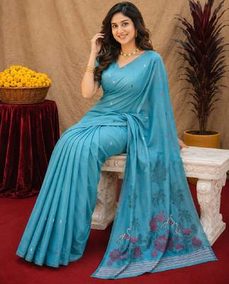 Rama linen jacuard bird motif work bird saree with unstitched blouse piece 4
