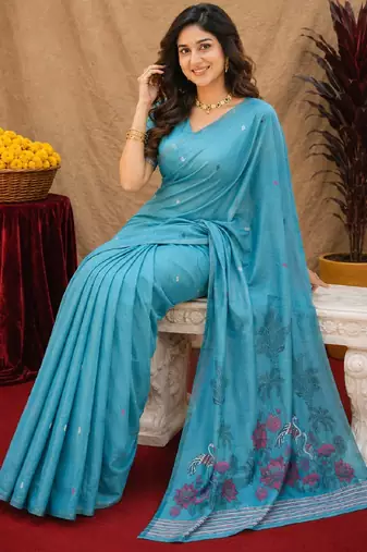 Rama linen jacuard bird motif work bird saree with unstitched blouse piece