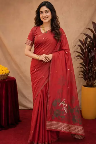 Red linen jacuard bird motif work bird saree with unstitched blouse piece
