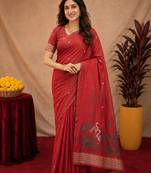 Red linen jacuard bird motif work bird saree with unstitched blouse piece
