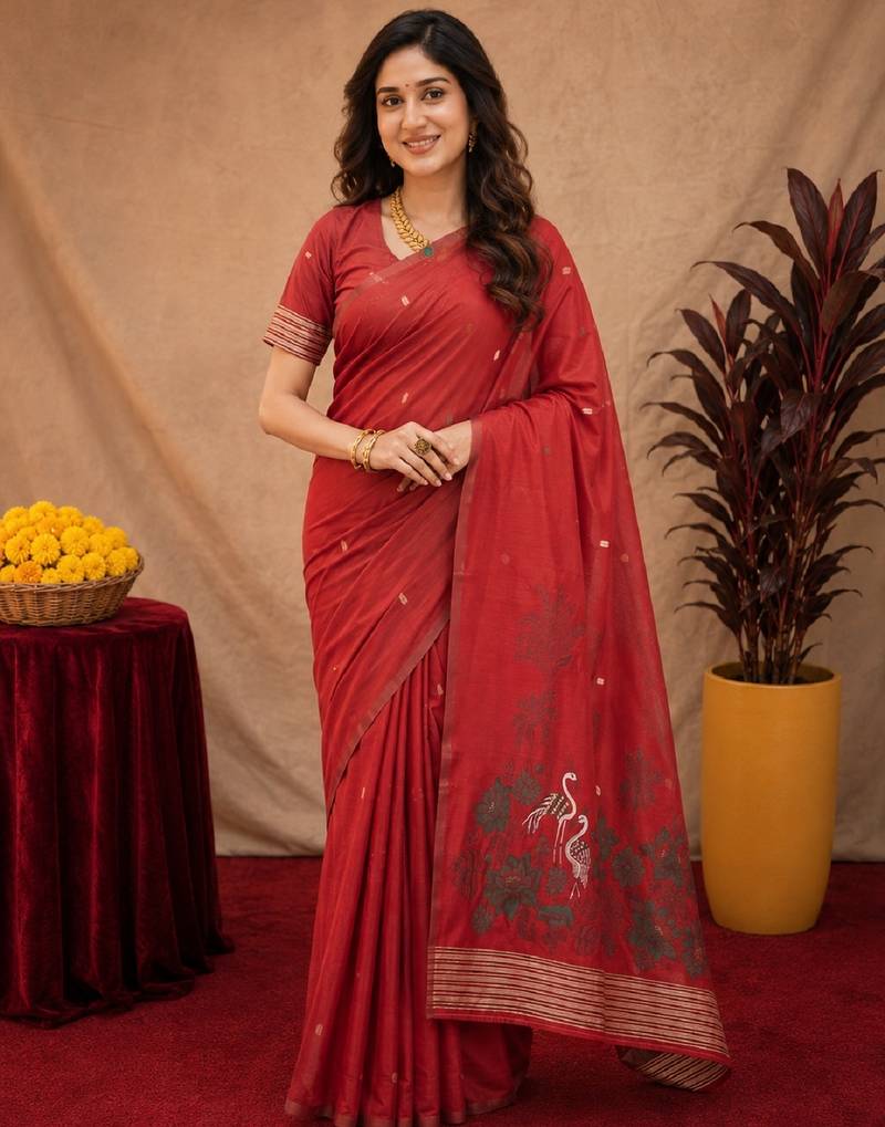 Red linen jacuard bird motif work bird saree with unstitched blouse piece