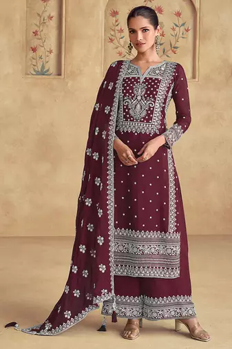 Faux georgette embroidered wine readymade salwar kameez