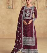 Faux georgette embroidered wine readymade salwar kameez